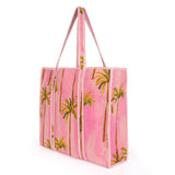 Quilted Reversible Shoulder Tote, Cotton Large Capacity (15 x 18 x 5.5 in) with Interior Pocket Beach, Shopping & Travel Unisex (Blush Palm)