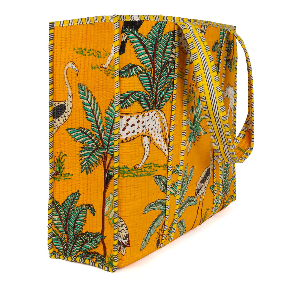Quilted Reversible Shoulder Tote, Cotton Large Capacity (15 x 18 x 5.5 in) with Interior Pocket Beach, Shopping & Travel Unisex (Golden Safari)