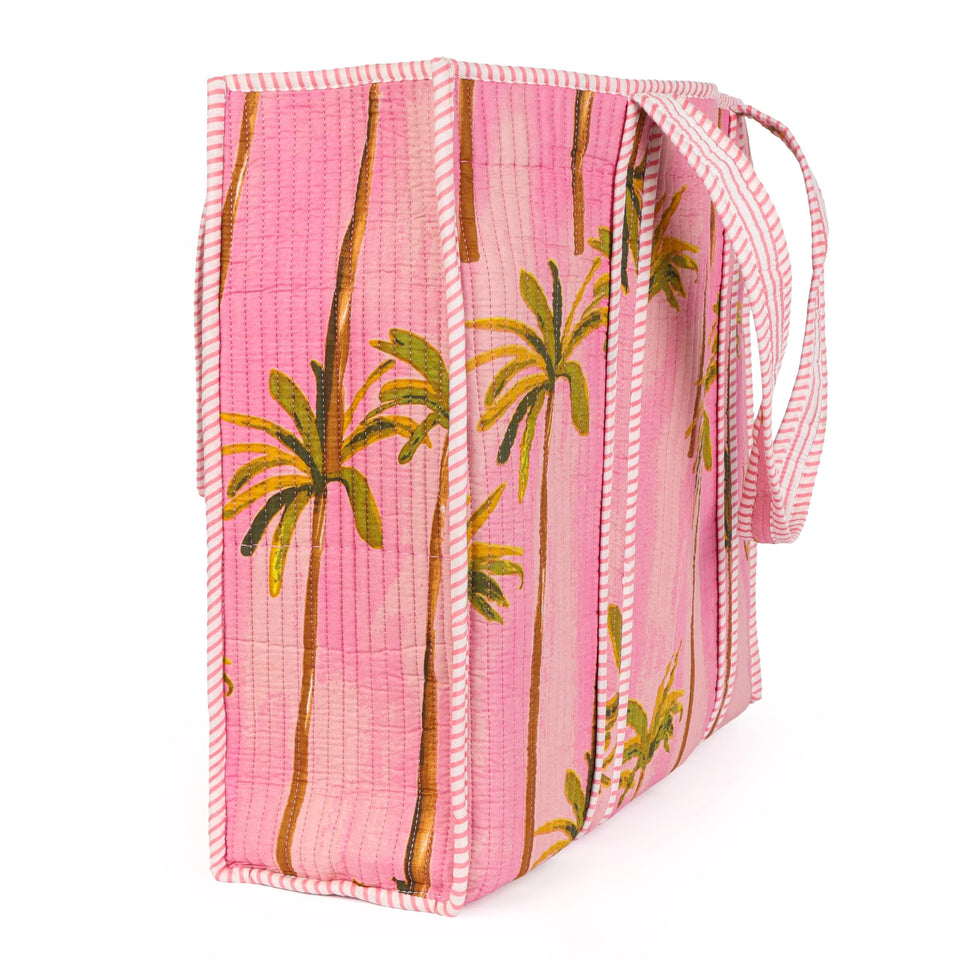 Quilted Reversible Shoulder Tote, Cotton Large Capacity (15 x 18 x 5.5 in) with Interior Pocket Beach, Shopping & Travel Unisex (Blush Palm)