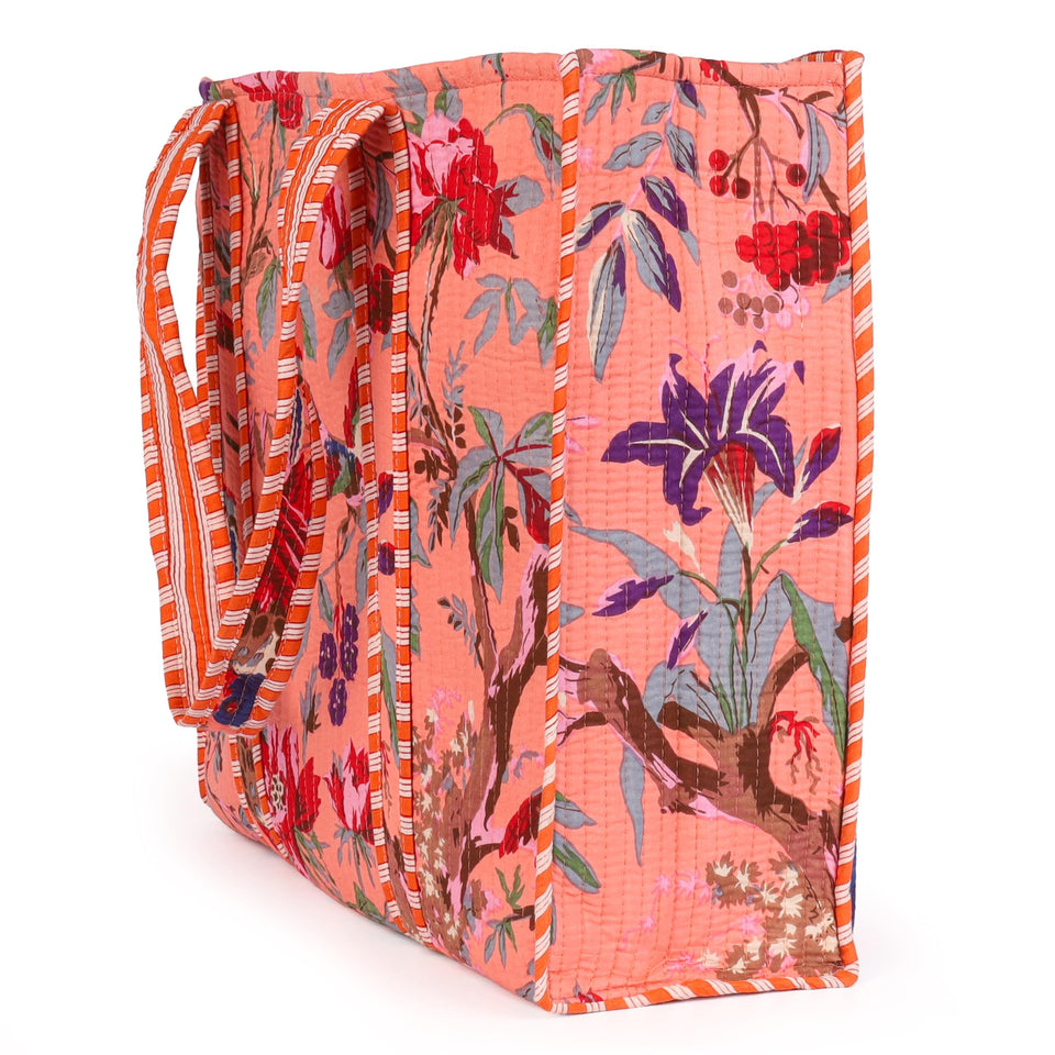 Quilted Reversible Shoulder Tote, Cotton Large Capacity (15 x 18 x 5.5 in) with Interior Pocket Beach, Shopping & Travel Unisex (Peach Blossom Bird)