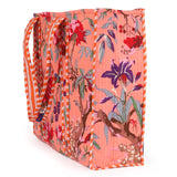 Quilted Reversible Shoulder Tote, Cotton Large Capacity (15 x 18 x 5.5 in) with Interior Pocket Beach, Shopping & Travel Unisex (Peach Blossom Bird)