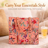 Quilted Reversible Shoulder Tote, Cotton Large Capacity (15 x 18 x 5.5 in) with Interior Pocket Beach, Shopping & Travel Unisex (Peach Blossom Bird)