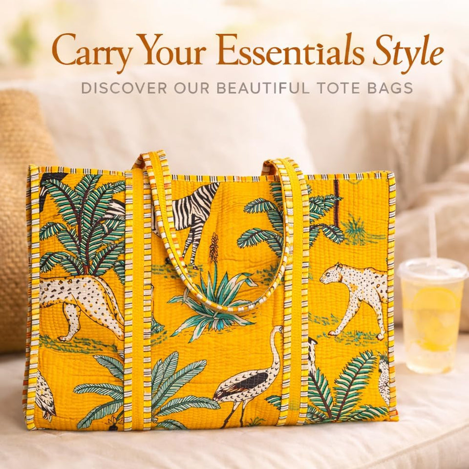 Quilted Reversible Shoulder Tote, Cotton Large Capacity (15 x 18 x 5.5 in) with Interior Pocket Beach, Shopping & Travel Unisex (Golden Safari)