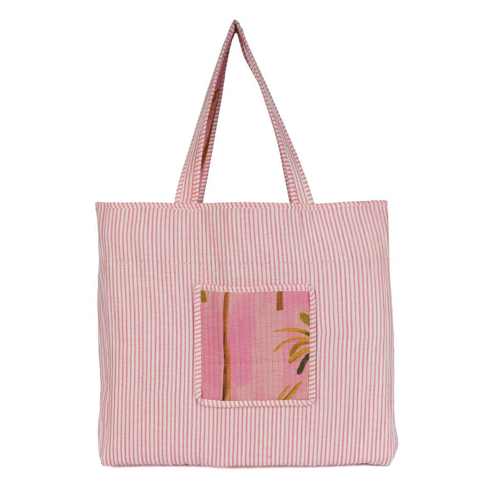 Quilted Reversible Shoulder Tote, Cotton Large Capacity (15 x 18 x 5.5 in) with Interior Pocket Beach, Shopping & Travel Unisex (Blush Palm)