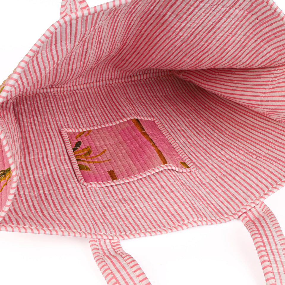Quilted Reversible Shoulder Tote, Cotton Large Capacity (15 x 18 x 5.5 in) with Interior Pocket Beach, Shopping & Travel Unisex (Blush Palm)