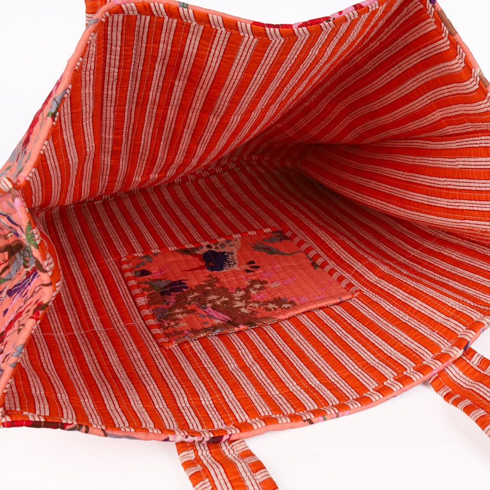 Quilted Reversible Shoulder Tote, Cotton Large Capacity (15 x 18 x 5.5 in) with Interior Pocket Beach, Shopping & Travel Unisex (Peach Blossom Bird)