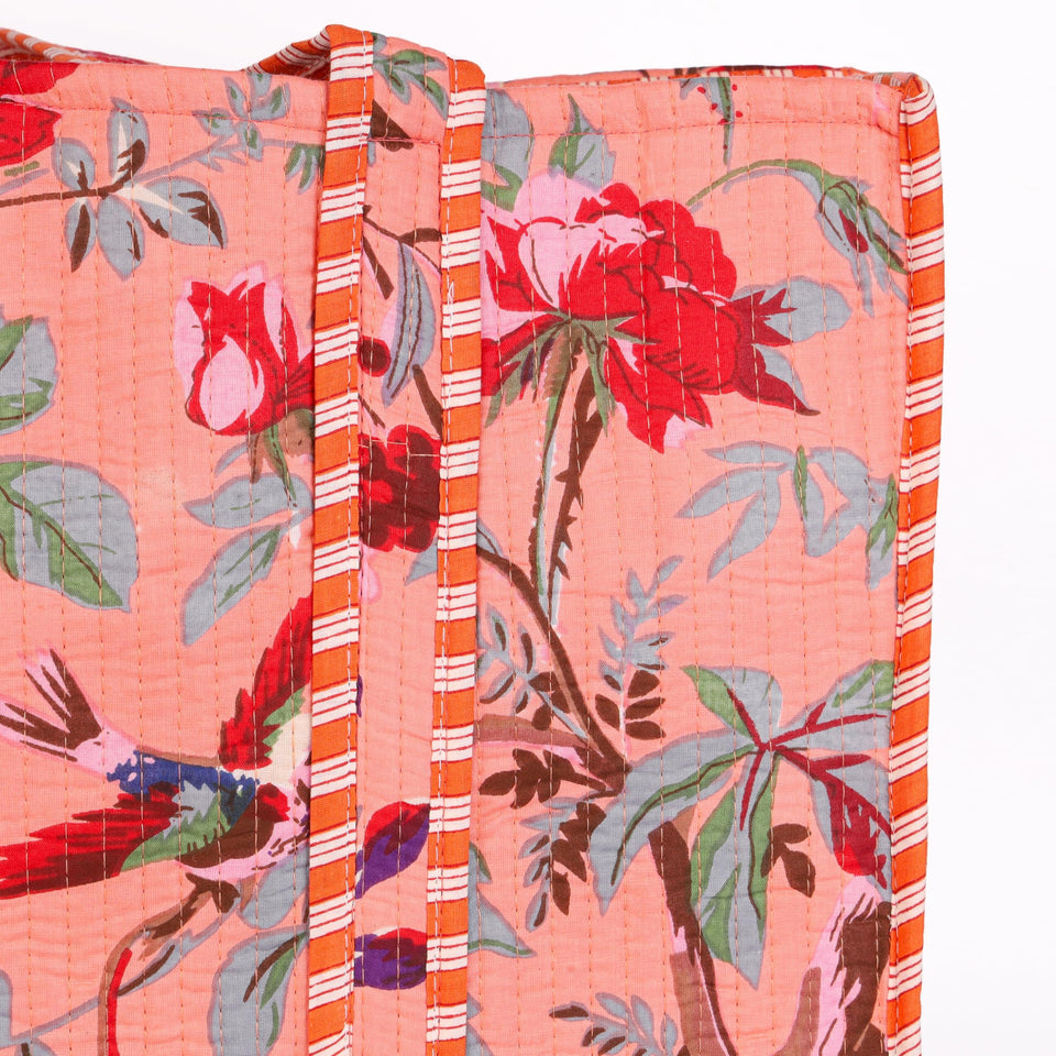 Quilted Reversible Shoulder Tote, Cotton Large Capacity (15 x 18 x 5.5 in) with Interior Pocket Beach, Shopping & Travel Unisex (Peach Blossom Bird)
