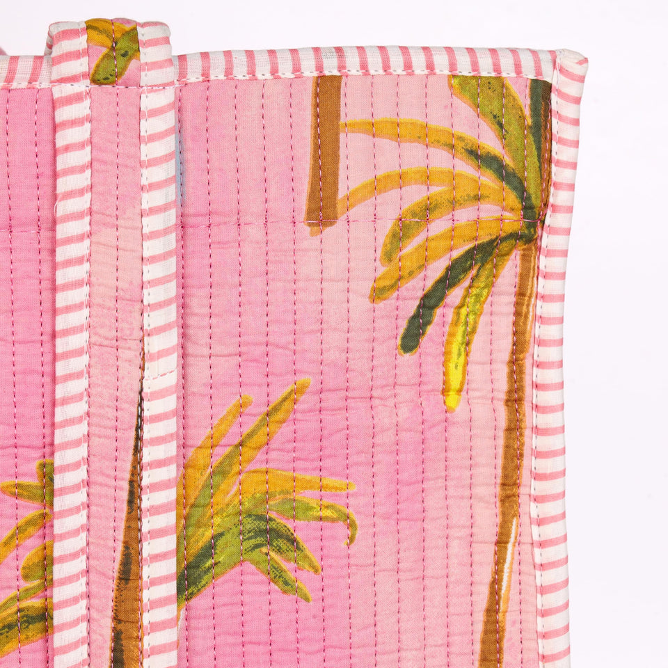 Quilted Reversible Shoulder Tote, Cotton Large Capacity (15 x 18 x 5.5 in) with Interior Pocket Beach, Shopping & Travel Unisex (Blush Palm)