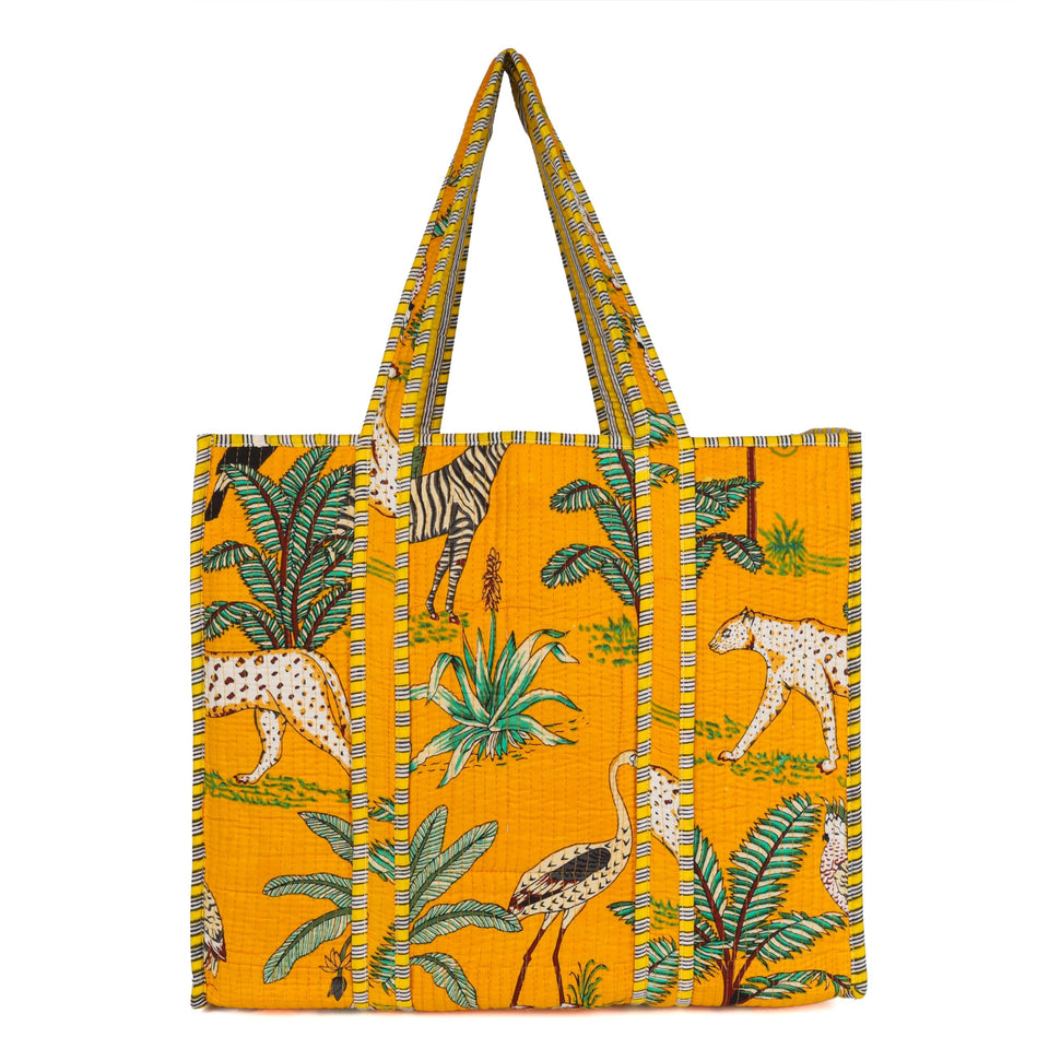 Quilted Reversible Shoulder Tote, Cotton Large Capacity (15 x 18 x 5.5 in) with Interior Pocket Beach, Shopping & Travel Unisex (Golden Safari)