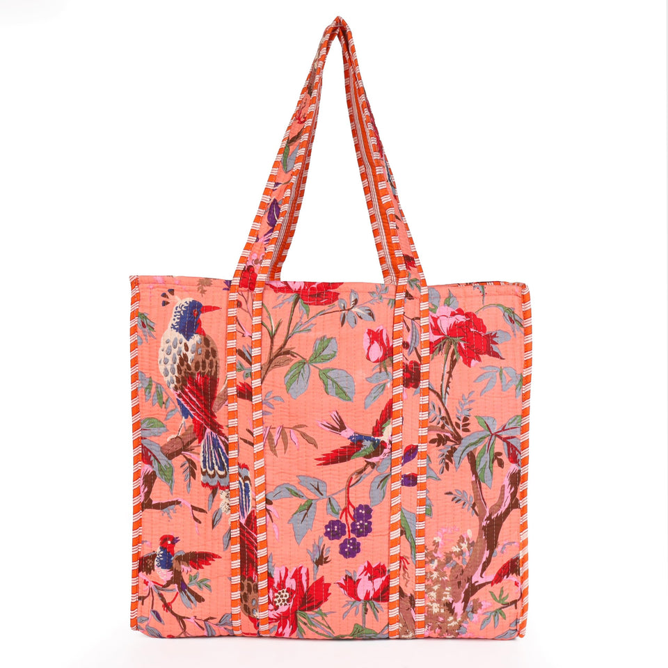Quilted Reversible Shoulder Tote, Cotton Large Capacity (15 x 18 x 5.5 in) with Interior Pocket Beach, Shopping & Travel Unisex (Peach Blossom Bird)