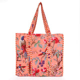 Quilted Reversible Shoulder Tote, Cotton Large Capacity (15 x 18 x 5.5 in) with Interior Pocket Beach, Shopping & Travel Unisex (Peach Blossom Bird)