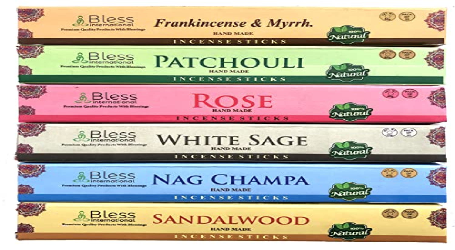 Bless-International-Frankincense-and-Myrrh-Patchouli-Rose-Sandalwood-Nag-Champa-White-Sage Natural-Handmade-Organic-for-Purification-Relaxation-Positivity-Yoga-Meditation 150-Sticks-25x6-Fragrances