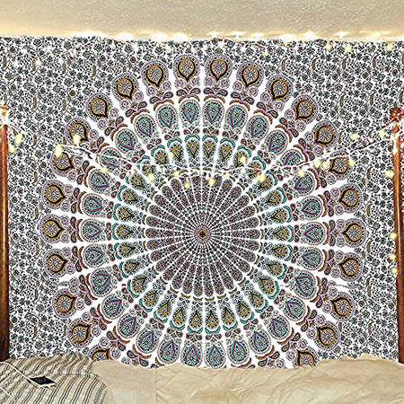 Bless International Indian Hippie Bohemian Psychedelic Peacock Mandala Wall Hanging Bedding Tapestry (Floral Gold)