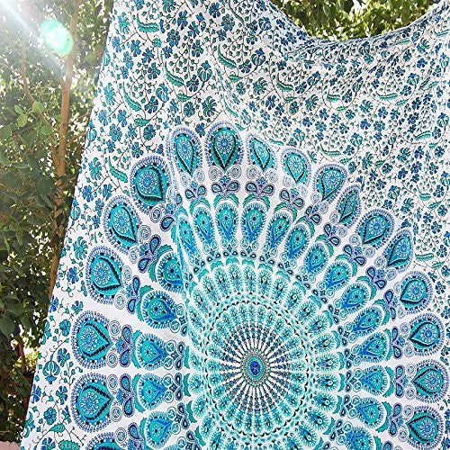 Sky Blue Indian Peacock  Mandala White Blue Tapestry