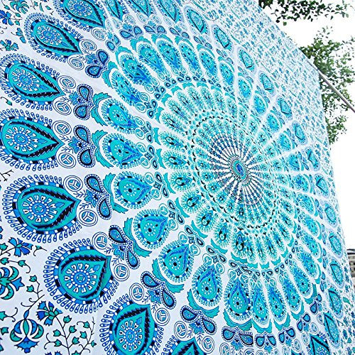 Handmade Sky Blue Indian Peacock  Mandala White Blue Tapestry