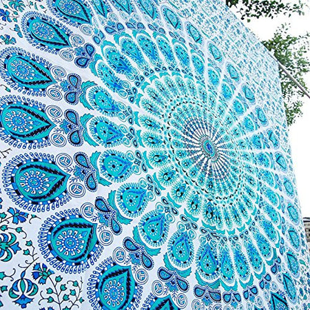 Sky Blue Indian Peacock  Mandala White Blue Tapestry