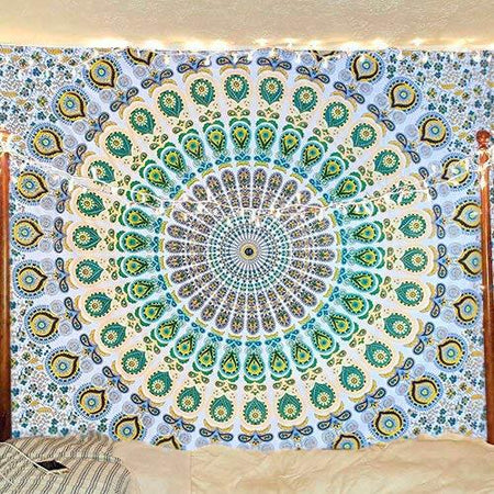 Bless International Indian Hippie Bohemian Psychedelic Peacock Mandala Wall Hanging Bedding Tapestry (Yellow Green)