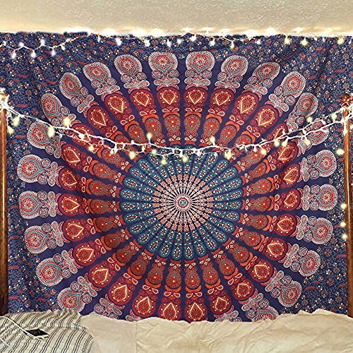 Bless International Indian Hippie Bohemian Psychedelic Peacock Mandala Wall Hanging Bedding Tapestry (Golden Blue White)