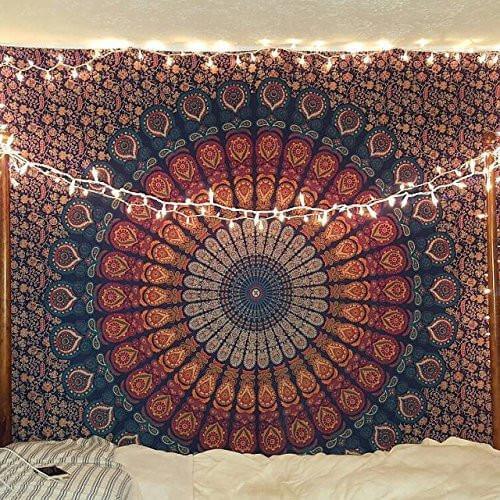 Hippie Bohemian Psychedelic Peacock Mandala Wall Hanging Bedding Tapestry (Golden Blue)