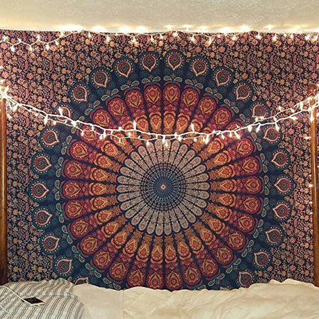 Indian hippie Bohemian Psychedelic Peacock Mandala Wall hanging Bedding Tapestry With String Light