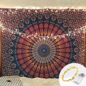 Bless International Indian Hippie Bohemian Psychedelic Peacock Mandala Wall Hanging Bedding Tapestry (Golden Blue)