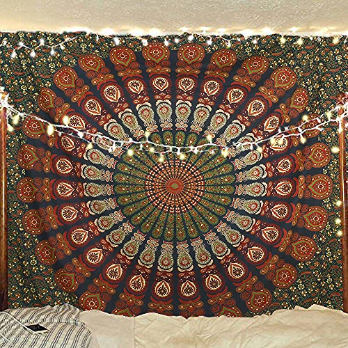 Hippie Bohemian Psychedelic Peacock Mandala Wall Hanging Bedding Tapestry (Golden Green)