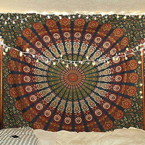Bless International Indian Hippie Bohemian Psychedelic Peacock Mandala Wall Hanging Bedding Tapestry (Golden Green)