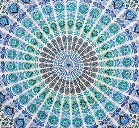 Bless International Indian Hippie Bohemian Psychedelic Peacock Mandala Wall Hanging Bedding Tapestry (Peacock Sky Blue)