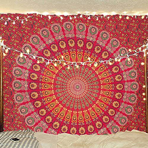 Hippie Bohemian Psychedelic Peacock Mandala Wall Hanging Bedding Tapestry (Golden Red)