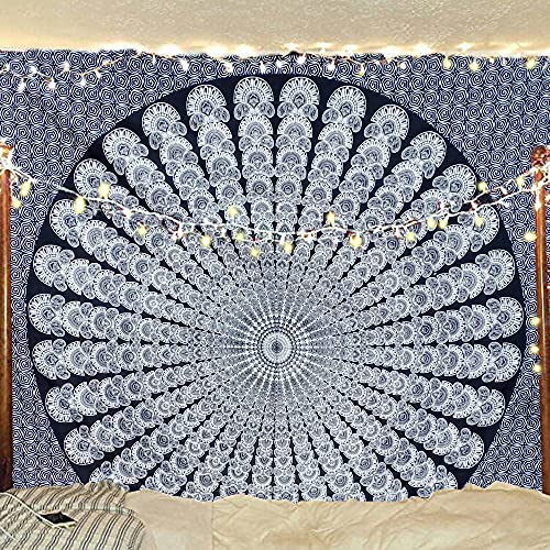 Bless International Indian Hippie Bohemian Psychedelic Peacock Mandala Wall Hanging Bedding Tapestry (Black White)