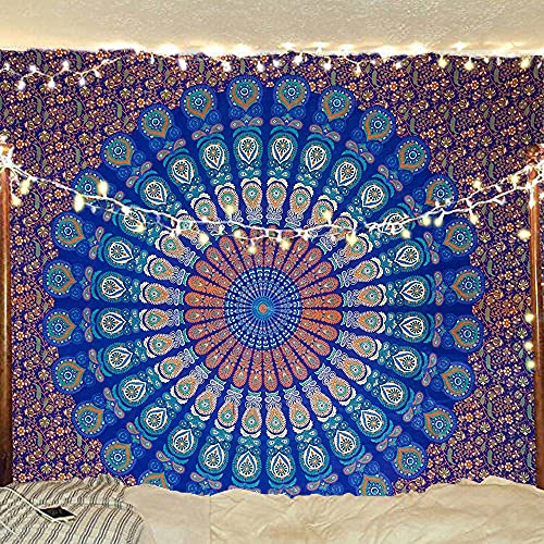 Hippie Bohemian Psychedelic Peacock Mandala Wall Hanging Bedding Tapestry (Blue Green)