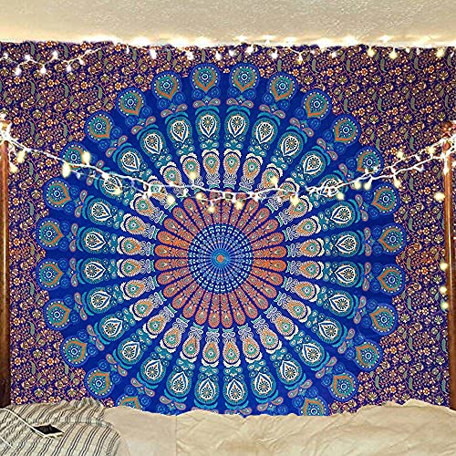 Bless International Indian Hippie Bohemian Psychedelic Peacock Mandala Wall Hanging Bedding Tapestry (Blue Green)