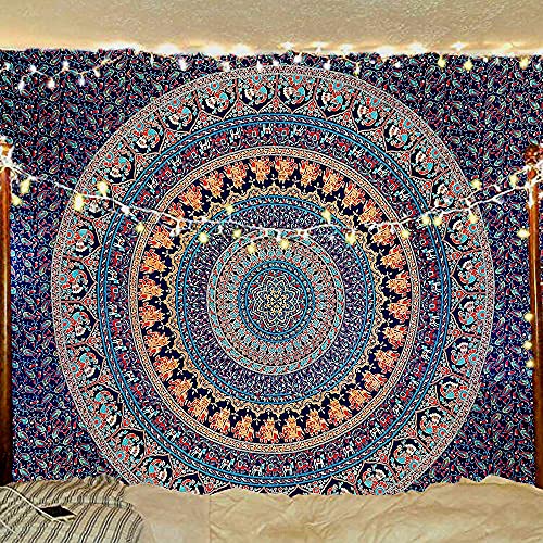 Bless International Indian Hippie Bohemian Psychedelic Peacock Mandala Wall Hanging Bedding Tapestry (Multi Color)
