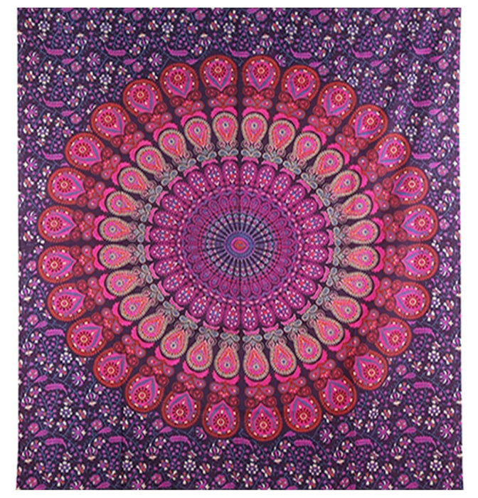 Indian Hippie Bohemian Psychedelic Peacock Mandala Wall Hanging Bedding Tapestry (Purple Pink)