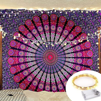 Bless International Indian Hippie Bohemian Psychedelic Peacock Mandala Wall Hanging Bedding Tapestry (Purple Pink)