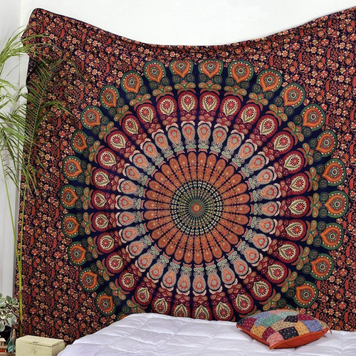 Bless International Indian Hippie Bohemian Psychedelic Peacock Mandala Wall Hanging Bedding Tapestry (Golden Red Green)