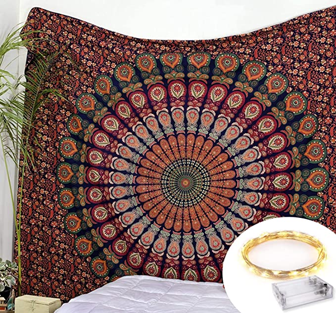 Bless International Indian Hippie Bohemian Psychedelic Peacock Mandala Wall Hanging Bedding Tapestry (Golden Red Green)