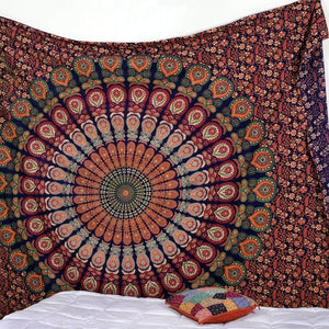 Bless International Indian Hippie Bohemian Psychedelic Peacock Mandala Wall Hanging Bedding Tapestry (Golden Red Green)