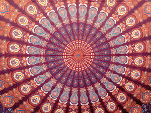 Bless International Indian Hippie Bohemian Psychedelic Peacock Mandala Wall Hanging Bedding Tapestry (Blue Red)