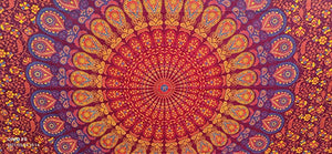 Bless International Indian hippie Bohemian Psychedelic Golden Blue Peacock Mandala Wall hanging Bedding Tapestry(Golden Brown Maroon, King (88x104Inches)(225x265Cms))