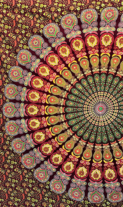 Bless International Indian hippie Bohemian Psychedelic Golden Blue Peacock Mandala Wall hanging Bedding Tapestry (Maroon Yellow, Poster (30x40Inches)(76x101cms))