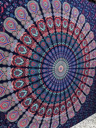 Hippie Bohemian Psychedelic Peacock Mandala Wall Hanging Bedding Tapestry (Midnight Blue)