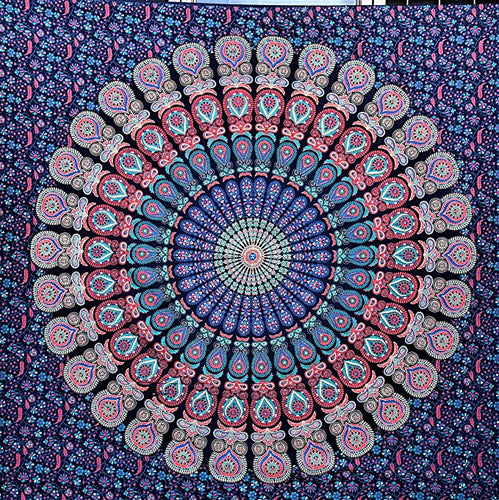 Hippie Bohemian Psychedelic Peacock Mandala Wall Hanging Bedding Tapestry (Midnight Blue)