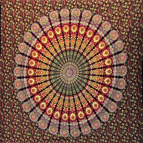 Hippie Bohemian Psychedelic Peacock Mandala Wall Hanging Bedding Tapestry (Maroon Yellow)