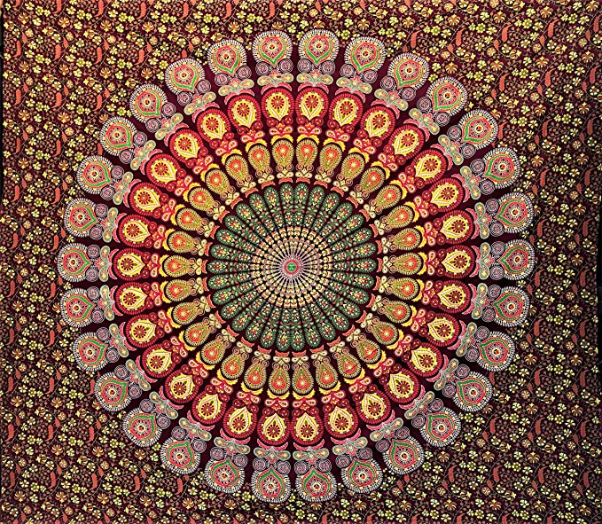 Bless International Indian hippie Bohemian Psychedelic Golden Blue Peacock Mandala Wall hanging Bedding Tapestry (Maroon Yellow, Poster (30x40Inches)(76x101cms))