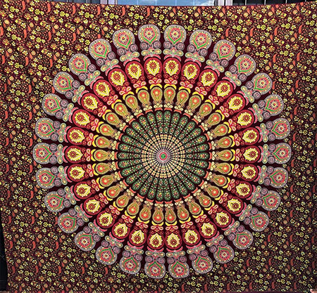 Hippie Bohemian Psychedelic Peacock Mandala Wall Hanging Bedding Tapestry (Maroon Yellow)