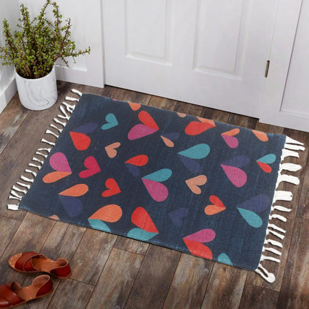 Colorful Hearts Blue Background Floor Home and Kitchen Rug